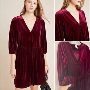 Anthropologie Amadi Greta Deep‎ Red Velvet Dramatic Romantic Puff Sleeve Dress M